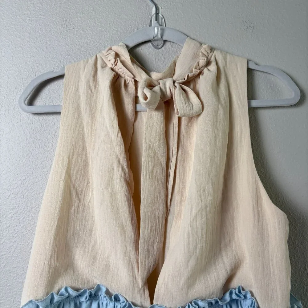 One One Six Dress Size S Blue Cream Tiered Open Back Tie Neck Boho Cottage - Picture 5 of 12